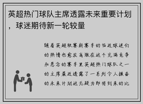 英超热门球队主席透露未来重要计划，球迷期待新一轮较量